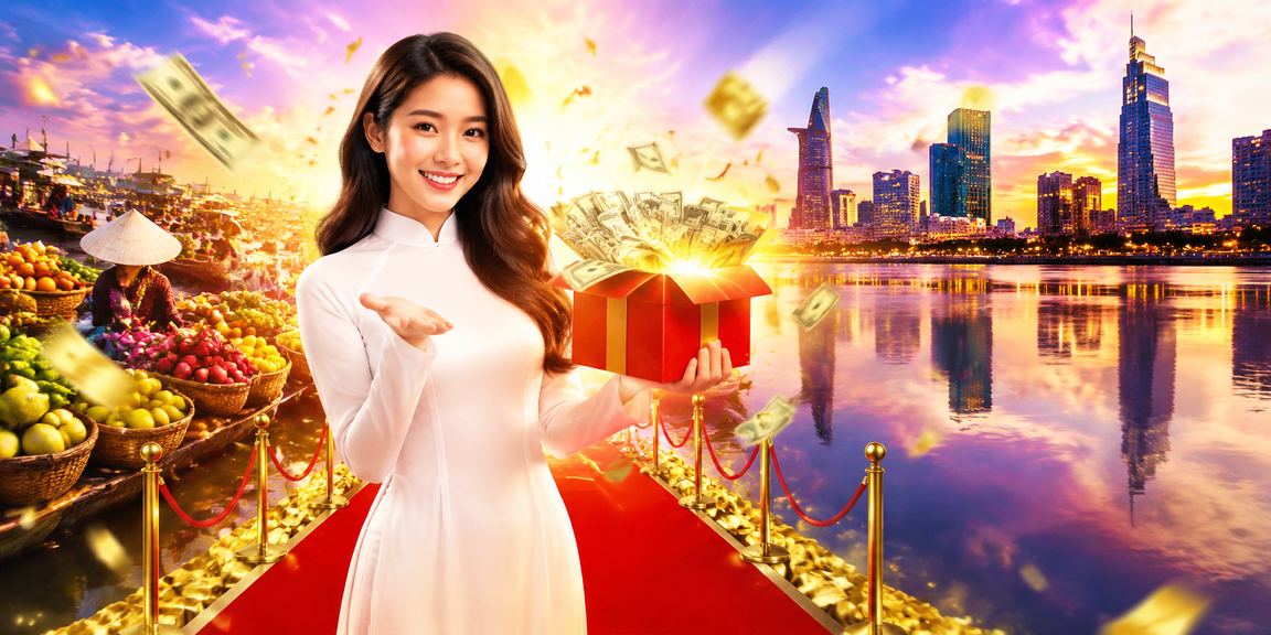Người phụ nữ mặc áo dài truy cập ứng dụng casino trực tuyến bên sông Mekong